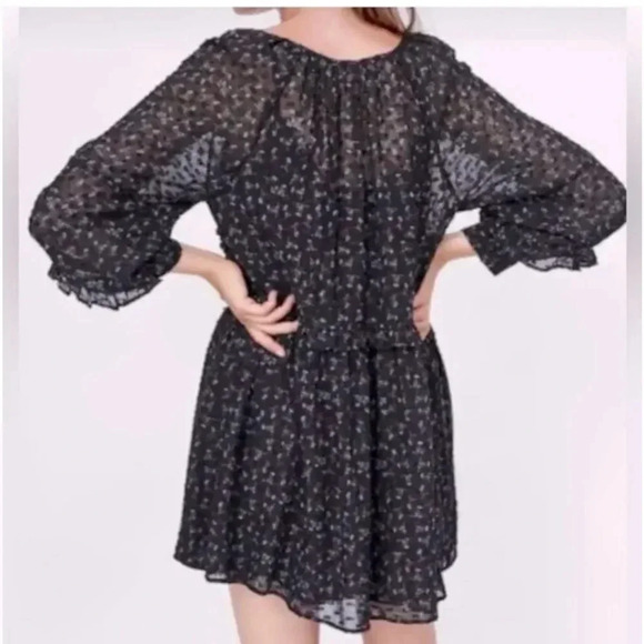 Zara Long Sleeve Black Pink Floral Swiss Dot All Ruffles Babydoll Dress size XS - Picture 2 of 16